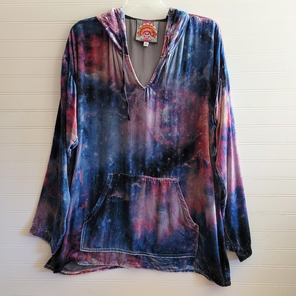 Johnny Was Womens Nova Velour Hoodie Size M Relaxed Pockets Silk Blend Tie Dye